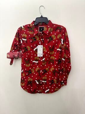 Cactus Boys Red Reindeer Roll Tab Button Down Shirt 9/10 NWT